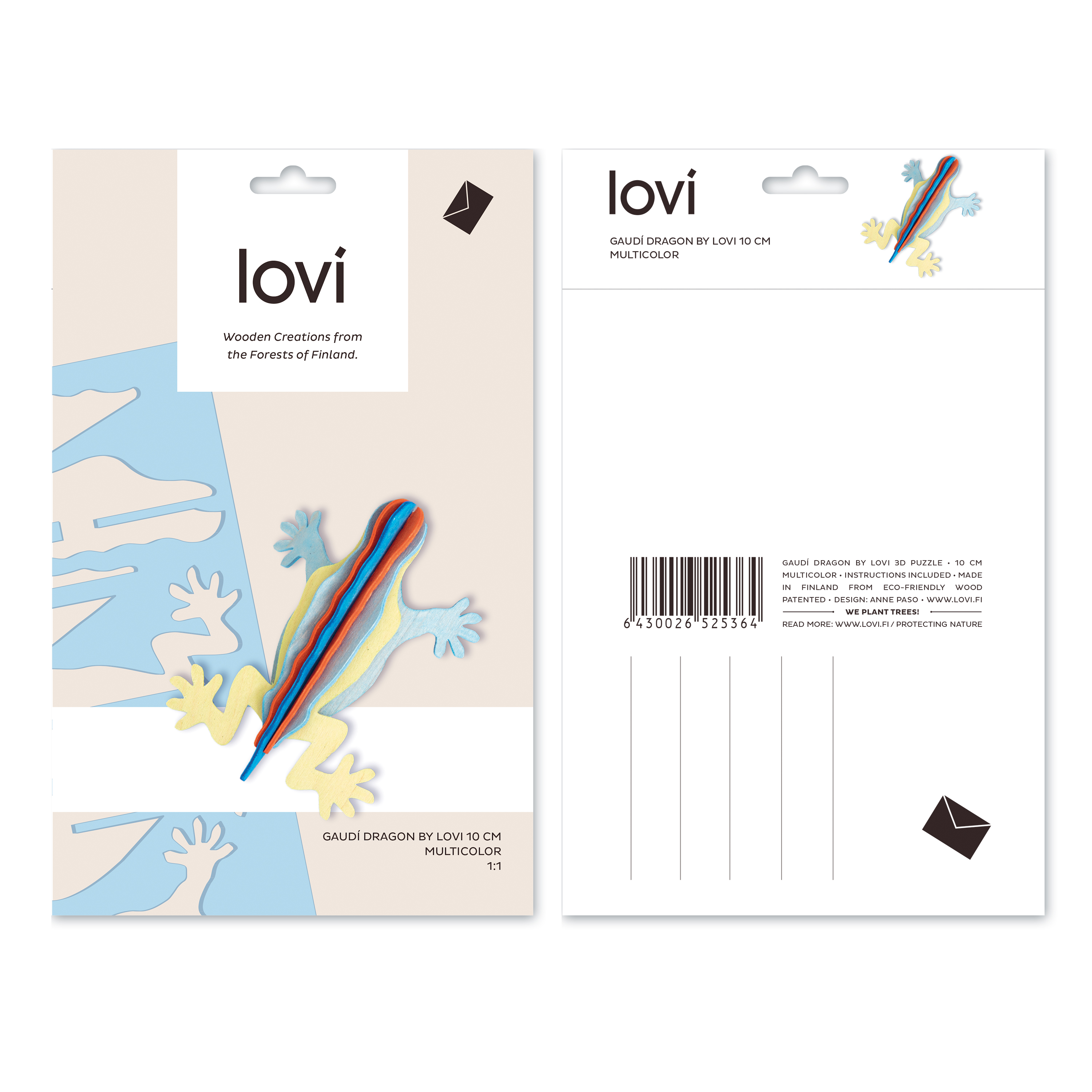 Lovi Figur Gaudi Dragon bunt 3D Figur Holz, Postkarte Verpackung