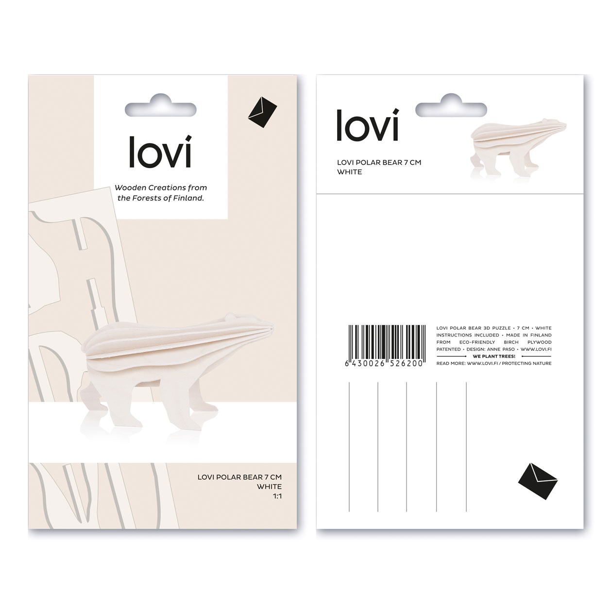 Lovi  3D Eisbär  als Aufsteller 7 cm Birkenholz weiss Postkarte Verpackung