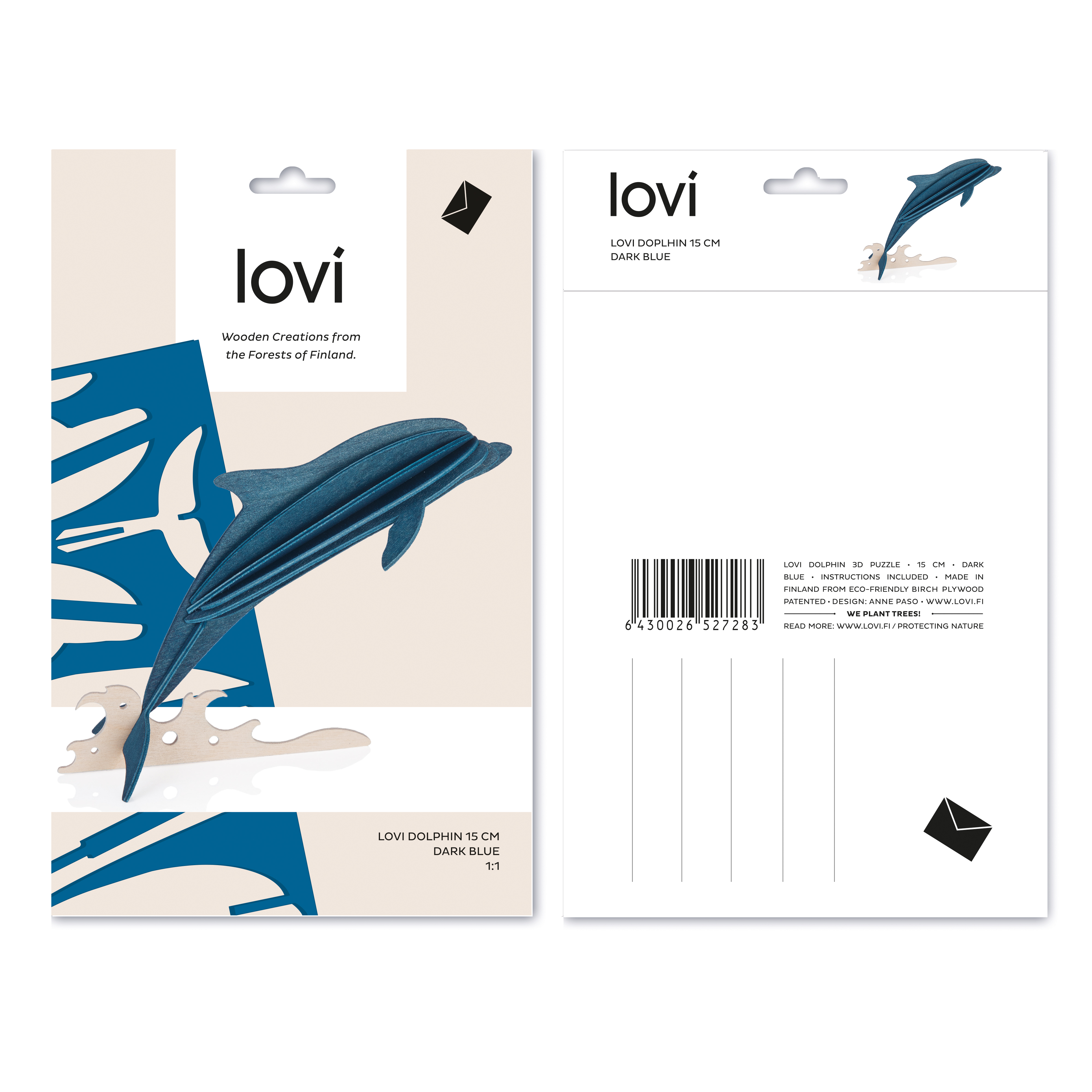 Lovi Figur Delfin dunkelblau 3D Figur Holz, Postkarte Verpackung