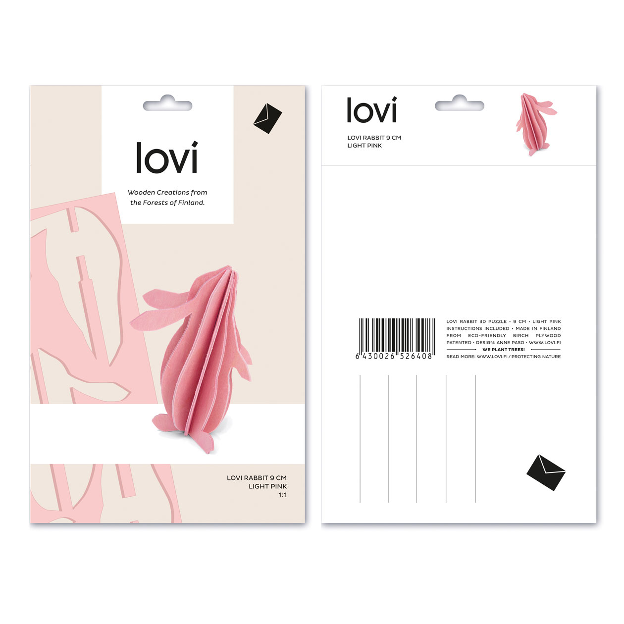 Lovi  3D Hase als Aufsteller 6cm cm Birkenholz zartrosa Postkarte Verpackung
