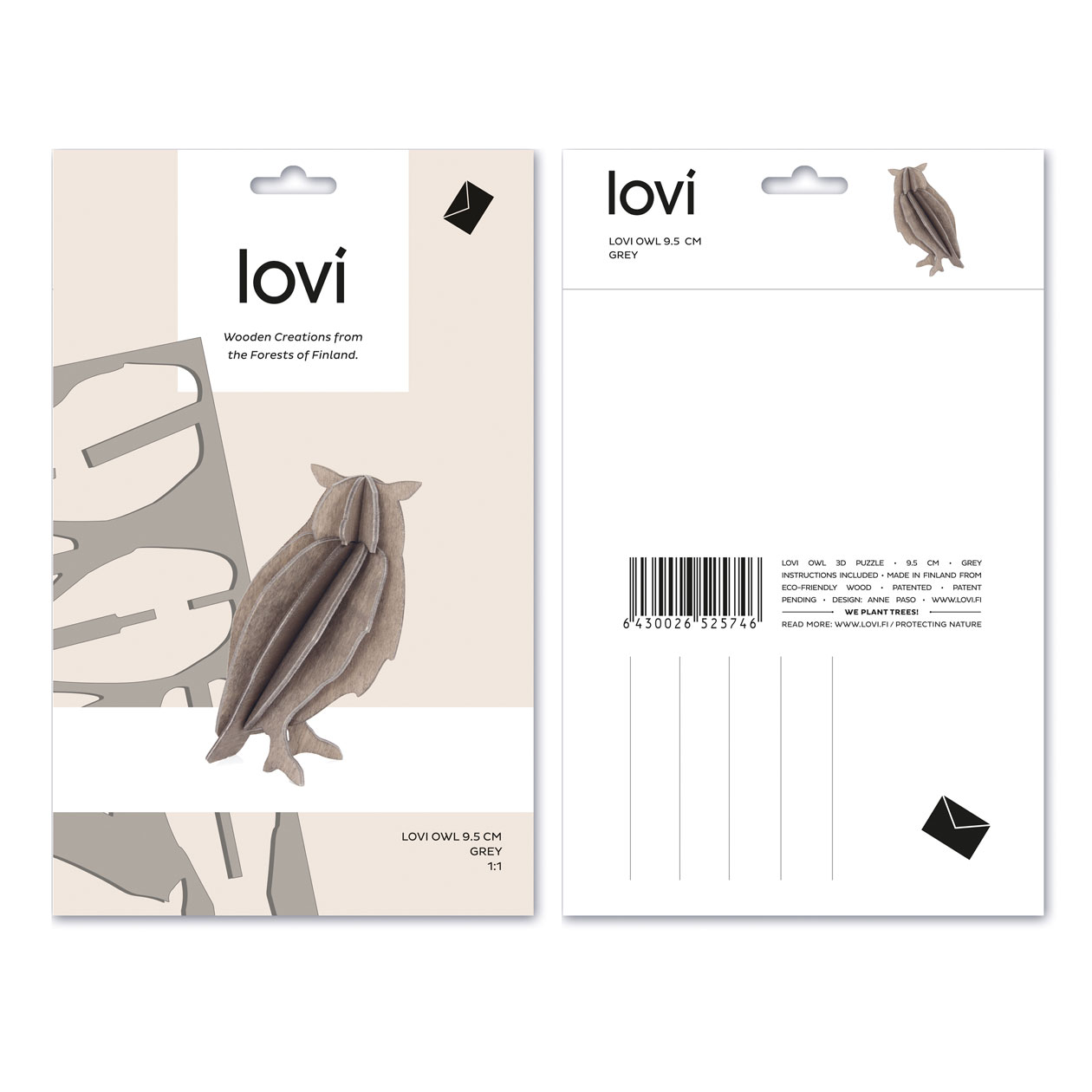 Lovi  3D Eule als Aufsteller 9,5 cm cm Birkenholz grau Postkarte Verpackung