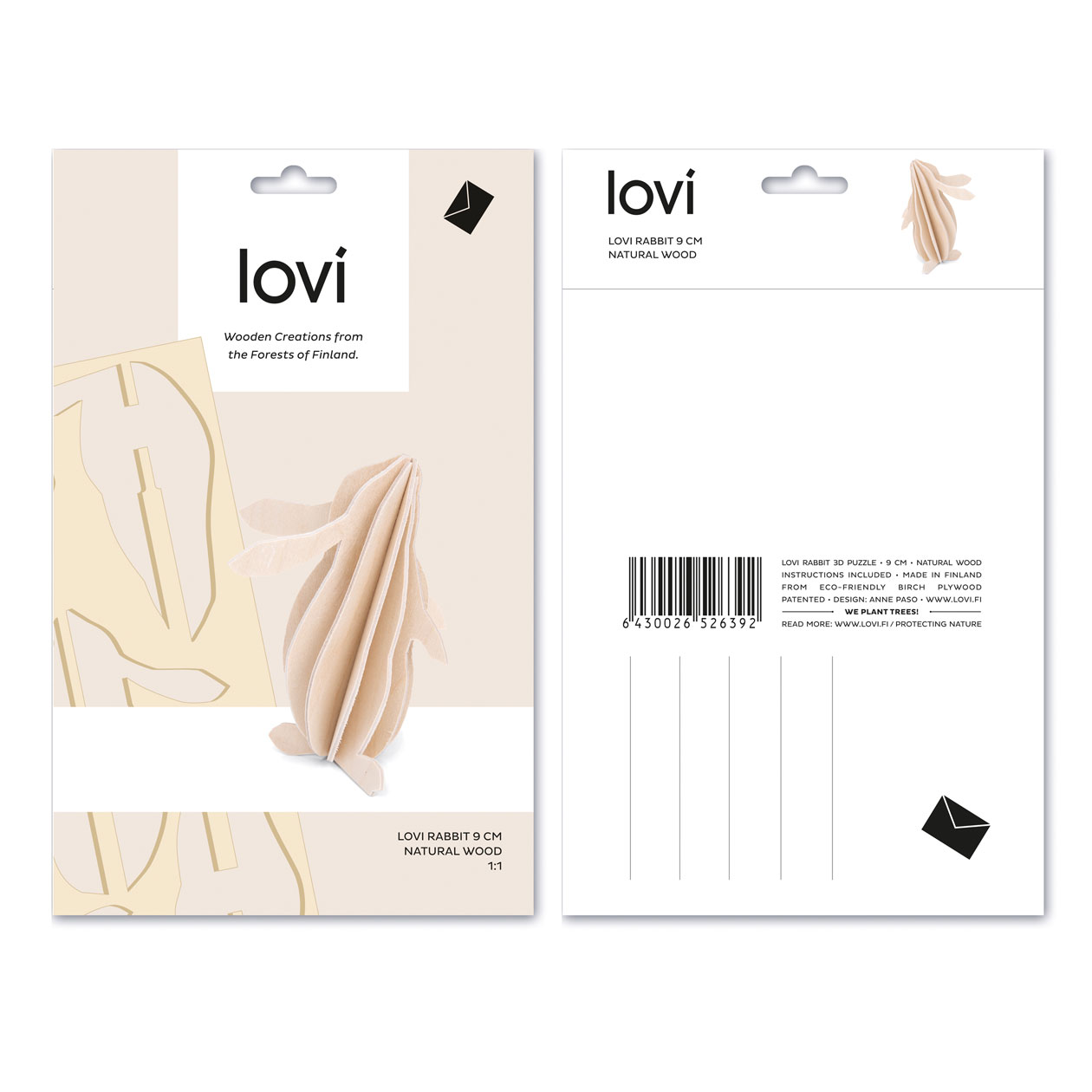 Lovi  3D Hase als Aufsteller 6cm cm Birkenholz Natur Postkarte Verpackung